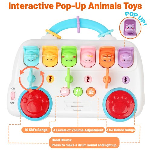 Interactive Pop Up Animal Toys with Music & Light, Toddlers Montessori Early Learning Activity 6-9-12-18 Months Baby Sensory Toy for 1 Year Old Boy Girl Age 2-4 Cause and Effect Toys (Blue)