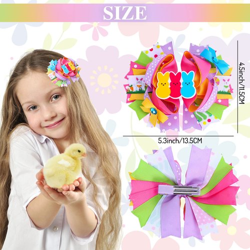 Whaline 4Pcs Easter Hair Bow Clips Colorful Ribbon Bow Hair Pins Cute Bunny Chick Rabbit Egg Alligator Hair Bow Barrettes Holiday Hairgrips for Toddlers Girl Kid Easter Spring Party Hair Accessories