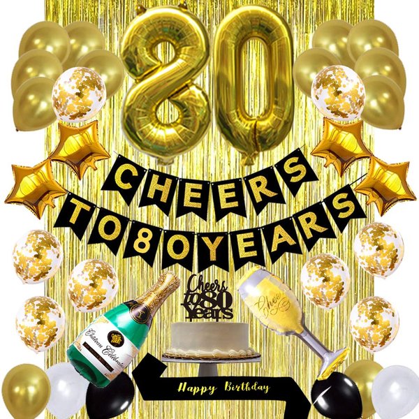 Gold 80th Birthday Decorations kit, Cheers To 80 Years Banner Balloons,80th Cake Topper Birthday Sash, Gold Tinsel Foil Fringe Curtains, for 80 Birthday&Anniversary Decorations