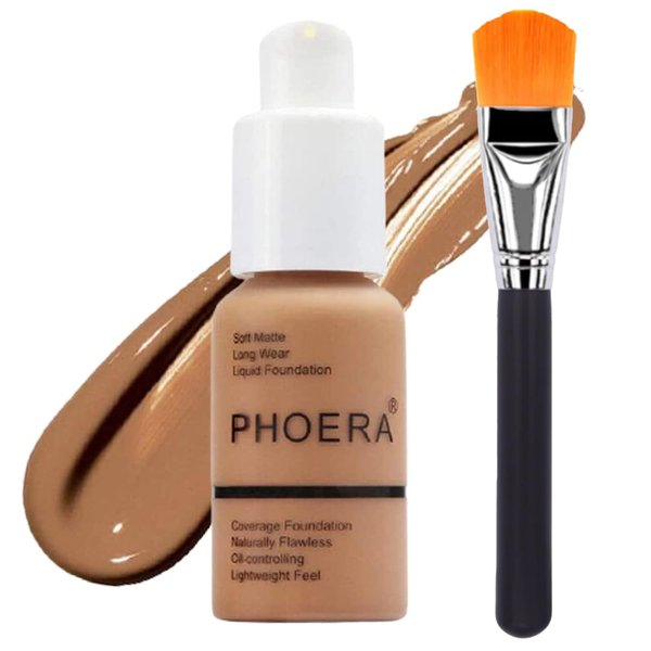 Glamza Phoera Foundation Set with Makeup Brush - Matte Cream Foundation Kit with 107 (Honey) Shade & Applicator - Full Coverage Concealer - 24hr Oil Control - 30ml