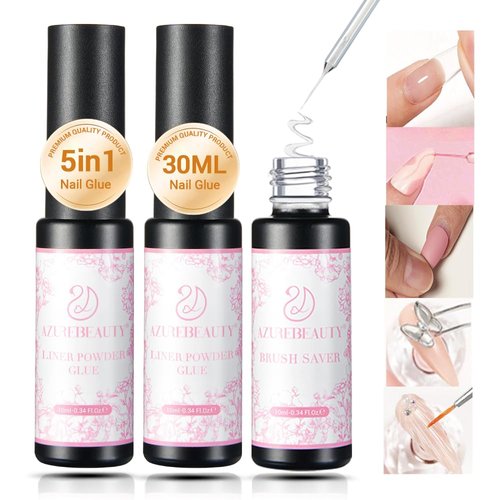 AZUREBEAUTY 3 Pcs Gel Nail Glue Sets Clear Nail Glue for Press Ons with Brush Saver Base Gel X Nail Glue Rhinestone Glue on Nails Fake Nails with Glue Long Lasting Home DIY Women