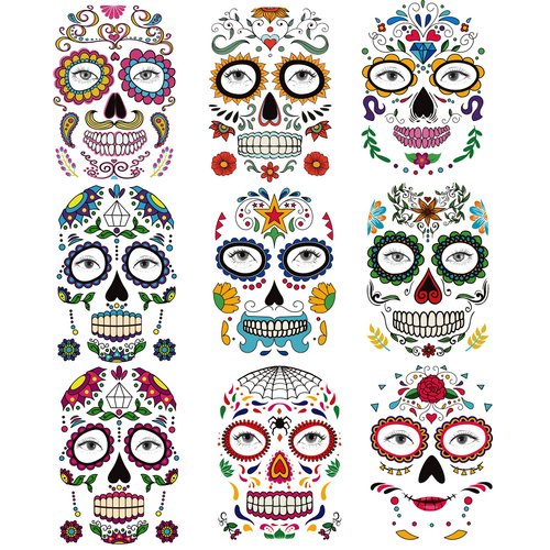 Kotbs 9 Sheets Day of the Died Skeleton Face Tattoo Stickers, Glitter Red Roses Temporary Tattoos for Men and Women - Halloween Costume Accessories and Party Favors