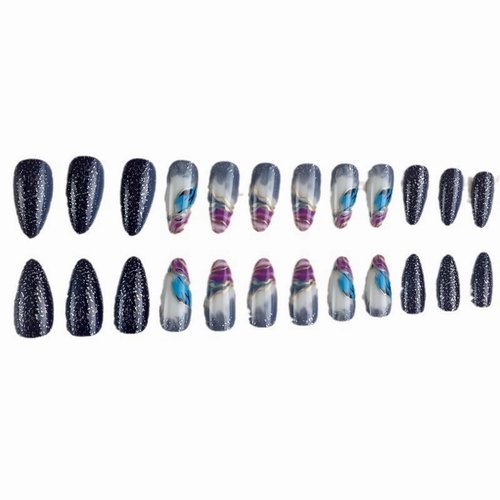 MISUD Press on Nails Medium Almond Fake Nails Glossy Glue on Nails Dark Blue Ombre Acrylic Nails Stiletto Marble Artificial Nails Bling Glitter Stick on False Nails with Design 24 pcs