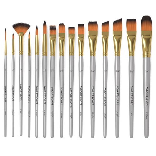 MyArtscape Paint Brush - Set of 15 Art Brushes for Watercolor, Acrylic & Oil Painting - Short Handles