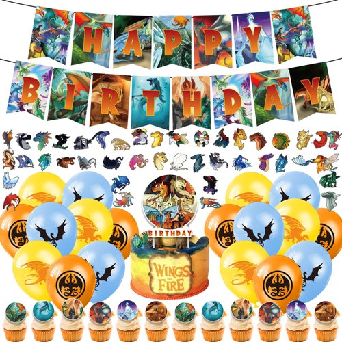 92Pcs Wings of Fire Party Decorations, Dragon Theme Birthday Party Supplies include Happy Birthday Banner, Balloons, Cupcake Topper and Stickers for Kids Adults Party Decorations