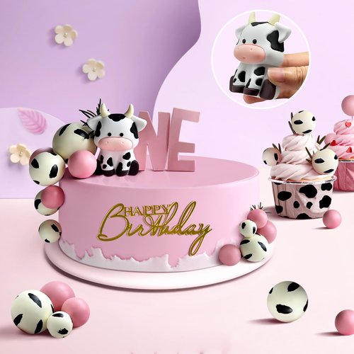 14 Pcs Cow Cake Decorations Pearls Balls Cake Toppers with Gold Happy Birthday Acrylic Cake Topper for Baby Shower Wedding Birthday Party Decor (Pink)