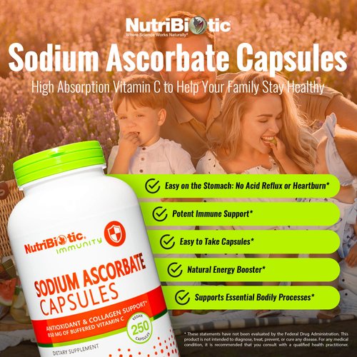 NutriBiotic - Sodium Ascorbate Buffered Vitamin C Capsules, 250 Ct | Vegan, Non-Acidic & Easier on Digestion Than Ascorbic Acid | Essential Immune Support & Antioxidant Supplement | Gluten & GMO Free