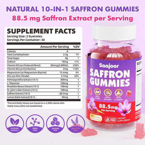 Saffron Gummies for Adult Kids - with Saffron 88.5mg, Vitamins D3 & B6, Magnesium, Zinc, Ashwagandha, L - Theanine, St. John's Wort - Supports Mood & Focus, Vegan, Raspberry Flavor, 60 Gummies