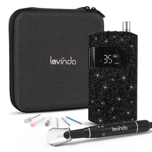 Lavinda Professional Nail Drill Machine, Electric Nail Drill Kit for Acrylic Gel Nails, 35000RPM Cordless Portable Nail Drill with Black Rhinestones, Rechargeable Nail E File Manicure Tools (Black)