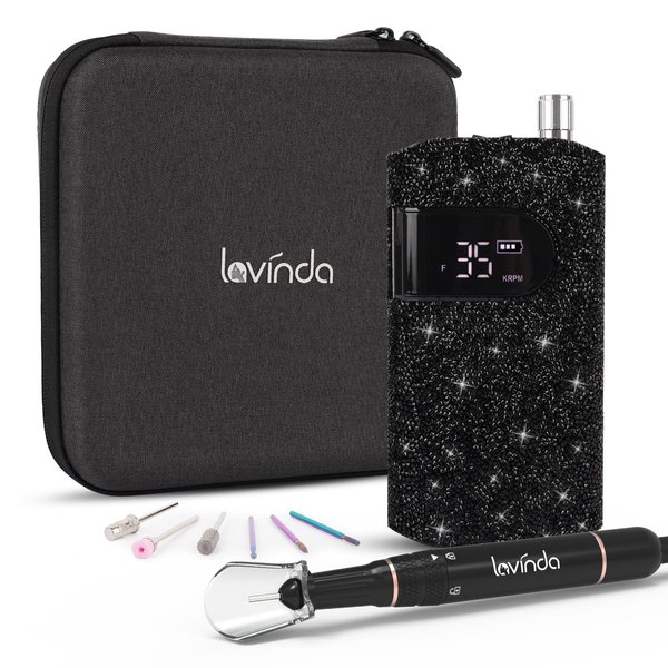 Lavinda Professional Nail Drill Machine, Electric Nail Drill Kit for Acrylic Gel Nails, 35000RPM Cordless Portable Nail Drill with Black Rhinestones, Rechargeable Nail E File Manicure Tools (Black)