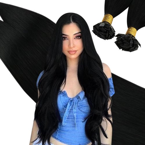 Ugeat 22 Inch Tip Human Hair Extensions Jet Black #1 Keratin Fusion Hair Extensions 50Gram 1G/1S Hot Fusion Hair Extensions Human Hair Flat Tip Hair Extensions 50s