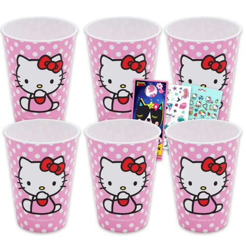SANRIO Hello Kitty Kids 15 Oz Reusable Tumbler Cup - Hello Kitty Party Favor 6 Piece Bundle with 15 Oz Cup Plus Tattoos, Stickers for Girls | Bulk Hello Kitty Water Cups