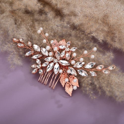 Teyglen Bridal Wedding Hair Combs Flower Rhinestones Crystal Side Hair Comb Gold Silver Leaf Crystal Bride Hair Accessories for Women Bride Girls (Rose Gold)