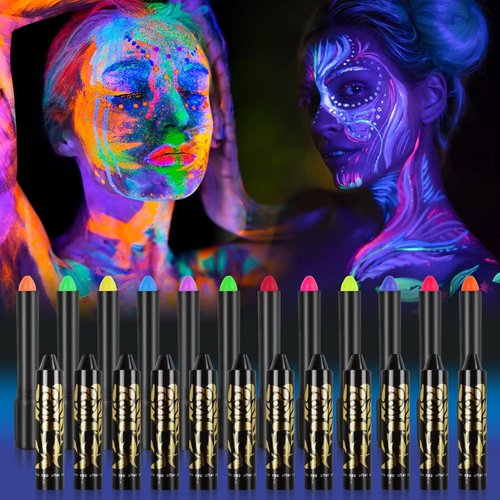 12 Pack Glow in The Dark Paint, Glow in The Dark Face Body Paint Glow Sticks Makeup Face Painting Kits for Kids Adult, Birthday Party Neon Face Paint Crayons for Halloween and Parties (12 Colors)