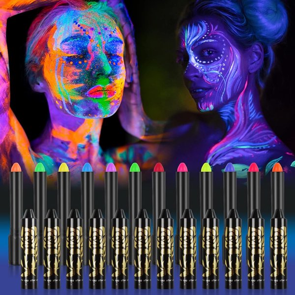 12 Pack Glow in The Dark Paint, Glow in The Dark Face Body Paint Glow Sticks Makeup Face Painting Kits for Kids Adult, Birthday Party Neon Face Paint Crayons for Halloween and Parties (12 Colors)