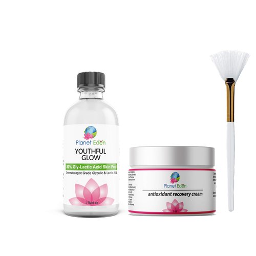 Planet Eden 80% GlyLactic Skin Chemical Peel - Glycolic & Lactic Acid Powerhouse Duo with Anti Aging Antioxidant Recovery Cream & Fan Brush - Intense Anti Aging Treatment