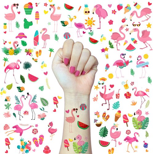 Onogola Flamingo Temporary Tattoos for Kids Women 100 Styles, Fake Summer Tattoo Stickers Hawaii Beach Waterproof for Boys and Girls Party Birthday Favors Supplies Gifts
