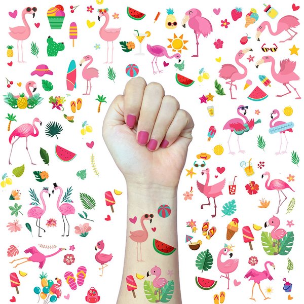 Onogola Flamingo Temporary Tattoos for Kids Women 100 Styles, Fake Summer Tattoo Stickers Hawaii Beach Waterproof for Boys and Girls Party Birthday Favors Supplies Gifts