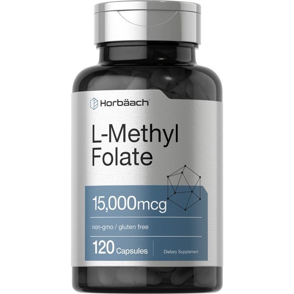 Horbäach L Methylfolate 15000 mcg | 120 Capsules | 15mg Methyl Folate | 5-MTHF | Non-GMO, Gluten Free Supplement