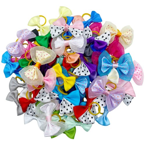 DORUI Dog Bows, Cute Hair Bowknot with Rubber Bands Handmade for Puppy Yorkie Grooming Hair Accessories & Varies Patterns Topknot Bows(70 pcs Upgrade Rubber Bands)