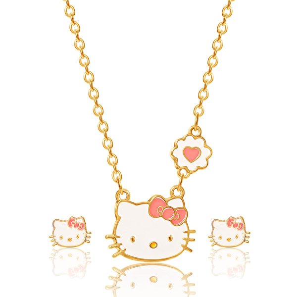 HELLO KITTY Sanrio Girls Jewelry Set - Flash Plated 18+3 Necklace and Stud Earrings Officially Licensed (Pink)