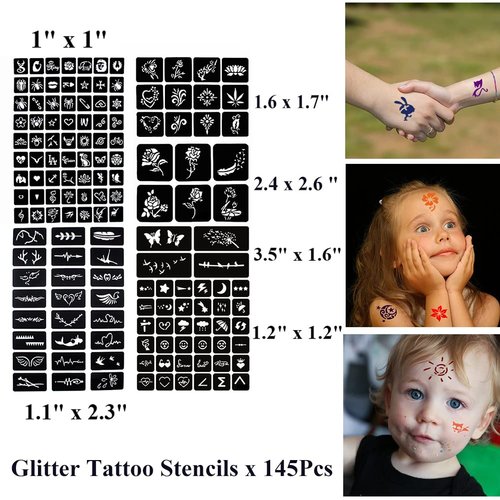 QSTOHENA Pack of 12 Henna Temporary Tattoo Stencil Kit - 145Pcs Glitter Airbrush Tattoo Sticker Indian Arabian Black Henna Tattoo Temp for Women Kids