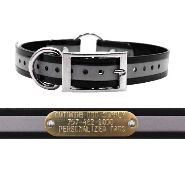 Outdoor Dog Supply's 1" Wide Reflective Ring in Center Dog Collar Strap with Custom Brass Name Plate (18" Long, Reflective Orange)