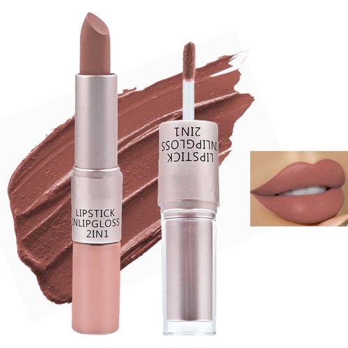 Fusang 2 In 1 Matte Lipstick & Liquid Lipstick,Waterproof Velvet Lip Gloss Long Lasting Matte Nude Lipstick,Full Color Lip Stick Gloss Stain Lipgloss Set for Women（01）