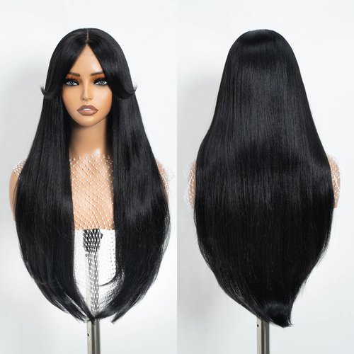 REBECCA STYLE Long Black Straight Wigs with Bangs 30 Inch Synthetic Lace Front Wig for Women Pre ...