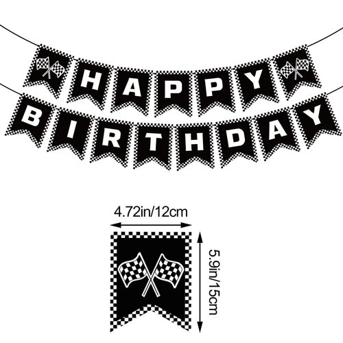 MEETINGU Race Car Happy Birthday Banner, Race Car Birthday Party Decorations Checkered Flags Black and White Racing Banner Let't Go Racing Checkered Flag Party Themed Party Supplies Decorations