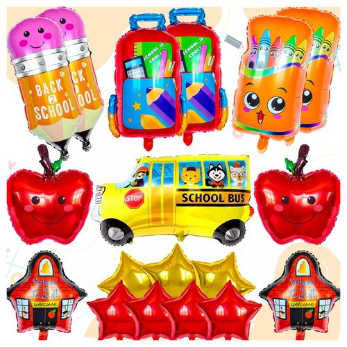 20 Pcs Back to School Balloons, Colorful School Bus Balloons Pencil Apple Crayon Foil Balloon, Red Yellow Mylar Helium Balloons for Party Decorations Supplies