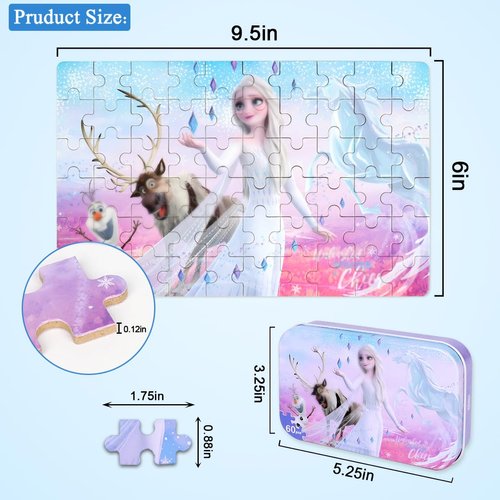 Puzzles for Kids Ages 4-8,Kids Puzzles in a Metal Box,Winter Princess Snowman Deer Horse Puzzles,Kids Boys Girls Learning Educational Puzzles Packed in Tin Box,60 Pieces