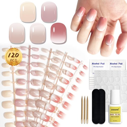 JODSONE 5 Style Press On Nails Short 12 Size Fashion Jelly Nude Gradient Gel Nail Tips,2 IN 1 Pre...