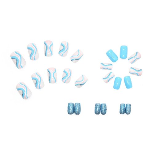 MERVF Square Press on Nails Medium Fake Nails Blue White Squoval Acrylic Nails with Glitter Lines Design 24pcs Glossy Neon Glue on Nails Press ons