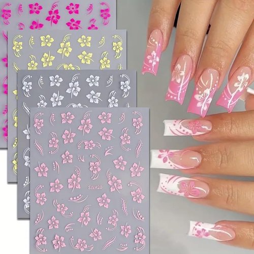 8PCS Hibiscus Flower Nail Art Stickers, Hawaiian Flowers Nail Decals White Pink Yellow 3D Self-Adhesive Flowers Stickers for Nails Summer Floral Manicure Sliders for Women Girls Nail Art Decorations
