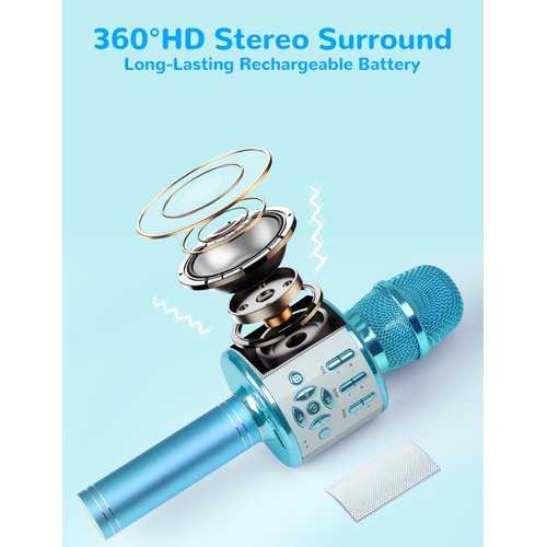 Amazmic Kids Karaoke Microphone Machine Toys for Girls Bluetooth Microphone with LED Light, Birthday Gift for Girls Boys 3 4 5 6 7 8 9 10 11 12 Year Old Kids Toys(Blue)