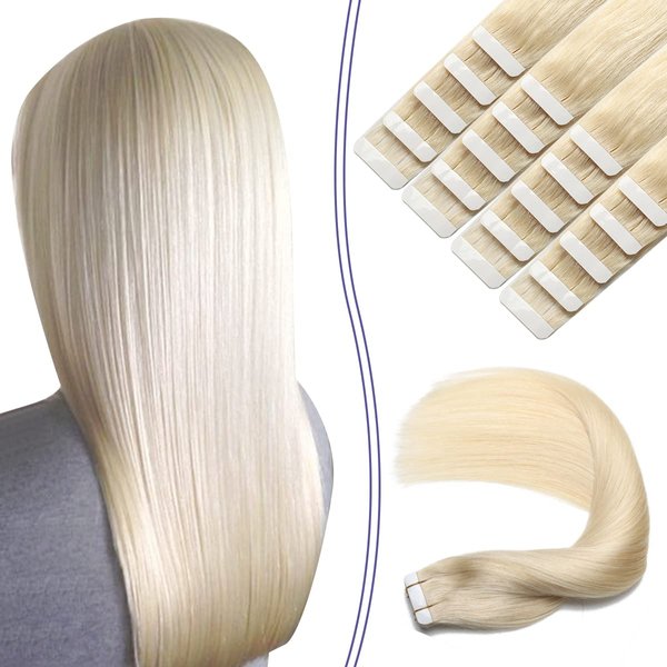 Tape in Hair Extensions Human Hair, Sindra Human Hair Extensions Tape in Platinum Blonde 16Inch 20Pieces 50Gram Invisible Strong Tape ins Thick Ends Straight Human Hair (#60 16inch)