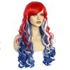 Anogol Hair Cap+80Cm/32Inch American Flag Wig 4th of July Costume Wig Red White and Blue Curly Wig For Party Cosplay Women, Election Wig Patriotic Hair Costume Wigs Halloween
