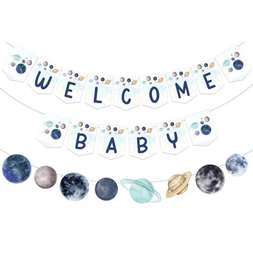 Fangleland Outer Space Baby Shower Banner Garland for Boy, Universe Welcome Baby Banner Decor for Galaxy Planet Themed Party Supplies