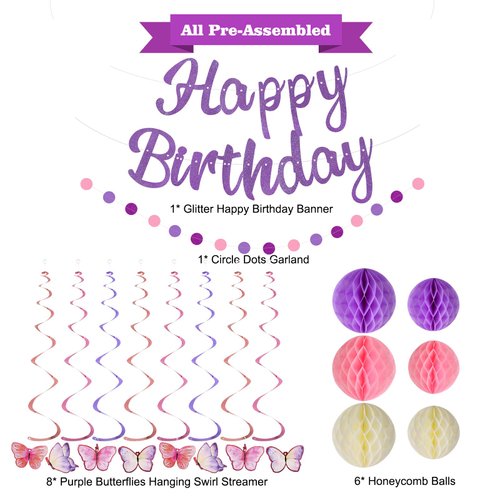 YEOCU Birthday Decorations, NO DIY, Pre-Strung Happy Birthday Banner with Honeycomb Balls, Hanging Swirls, Circle Dots Garland, Happy Birthday Party Decorations for Women Men Boys Girls (Purple)