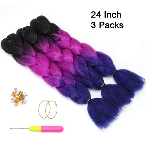 Themis Hair Ombre Braiding Hair 24 Inch Ombre Jumbo Braiding Hair 3 Packs Ombre Kanekalon Synthetic Braiding Hair Extensions for Braiding.(3 Packs,Black-Purple-Blue)