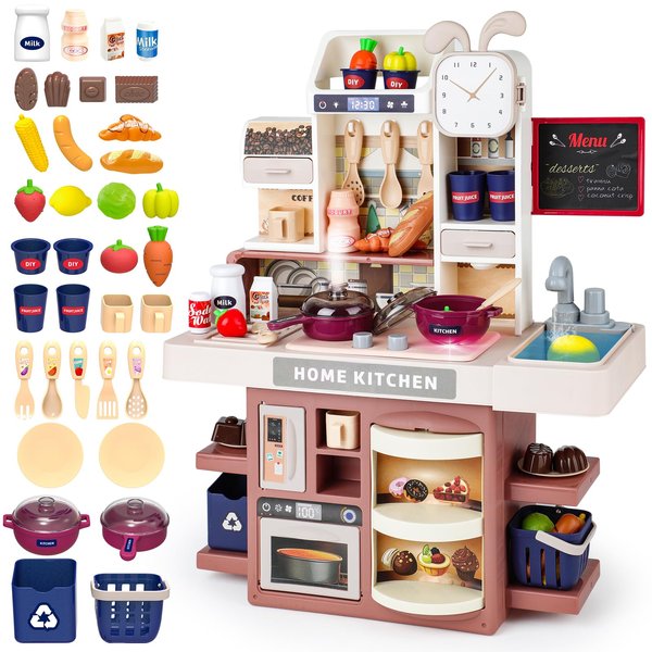 deAO Kitchen Playset Toy with Realistic Steam and Lights, Role Playing Game Pretend Food and Cooking Playset,37 PCS Mini Kitchen Accessories Set for 3 4 5 Years Old Girls Boys,Pink