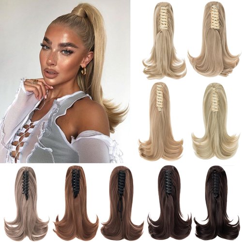 Sleekalon Ponytail Extension Claw Clip Ponytail Extensions for Women 12 Inch Fluffy Flip Out Claw Ponytail Synthetic Hairpieces Fake Ponytails Ash Blonde/Bleach Blonde
