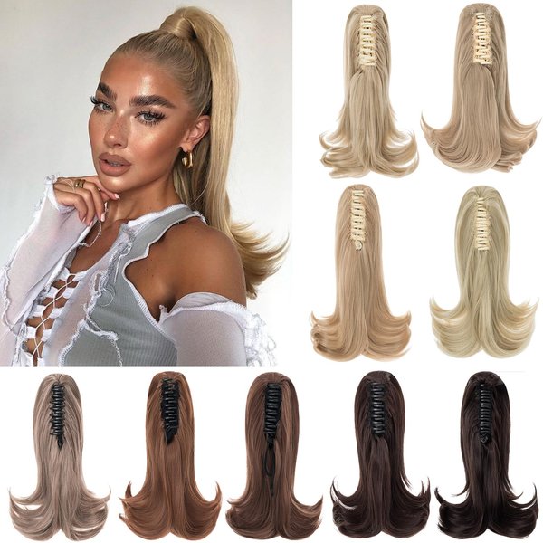 Sleekalon Ponytail Extension Claw Clip Ponytail Extensions for Women 12 Inch Fluffy Flip Out Claw Ponytail Synthetic Hairpieces Fake Ponytails Ash Blonde/Bleach Blonde