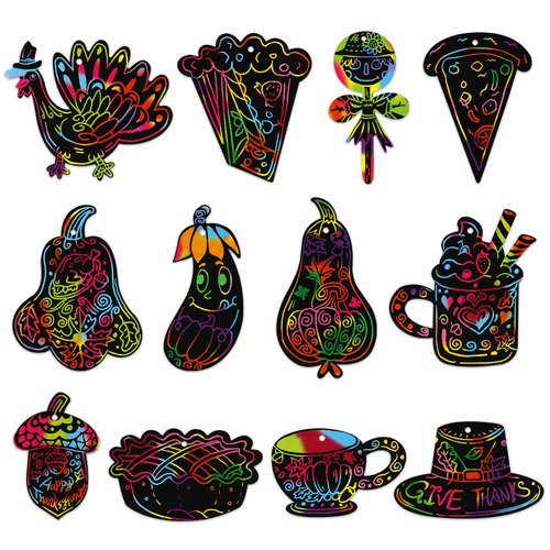 PETCEE Thanksgiving Scratch Paper for Kids,24 Fall Scratch Craft Art Ornaments Turkey Pumpkin Rainbow Scratch Art Paper Cards for Kids School Classroom DIY Crafts Fall Party Favors Decor Supplies