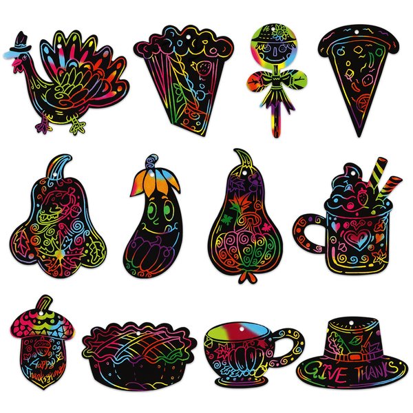 PETCEE Thanksgiving Scratch Paper for Kids,24 Fall Scratch Craft Art Ornaments Turkey Pumpkin Rainbow Scratch Art Paper Cards for Kids School Classroom DIY Crafts Fall Party Favors Decor Supplies
