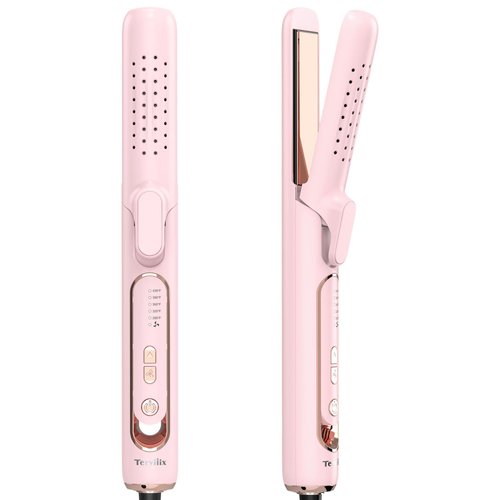 Terviiix Airflow Styler Hair Straightener & Curler, Titanium Flat Iron for Travel, Straightening Iron with Cooling Air Vents to Lock in Style, 5 Adjustable Temp, Auto Shut Off, Dual Voltage, Pink
