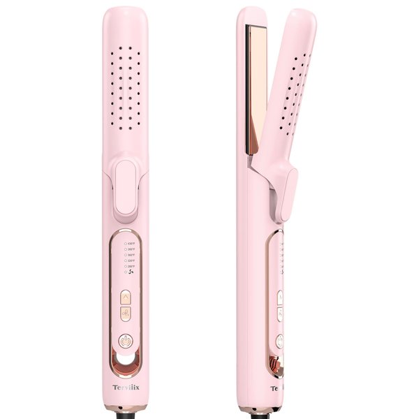 Terviiix Airflow Styler Hair Straightener & Curler, Titanium Flat Iron for Travel, Straightening Iron with Cooling Air Vents to Lock in Style, 5 Adjustable Temp, Auto Shut Off, Dual Voltage, Pink