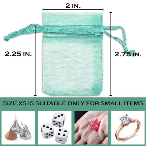 TheDisplayGuys 100-Pack XS XS 2x2 3/4" Teal Sheer Organza Gift Bags with Drawstring, Goodie Bags for Jewelry, Candy Bags, Treat Bags, Wedding Favors Small Mesh Bags