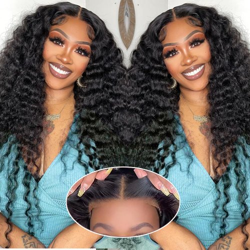 Aatifa 30 Inch Wear and Go Glueless Wigs Human Hair Pre Plucked Pre Cut Water Wave Lace Front Human Hair Wigs for Black Women Deep Curly Wave Lace Frontal Wigs with Baby Hair 180% Density